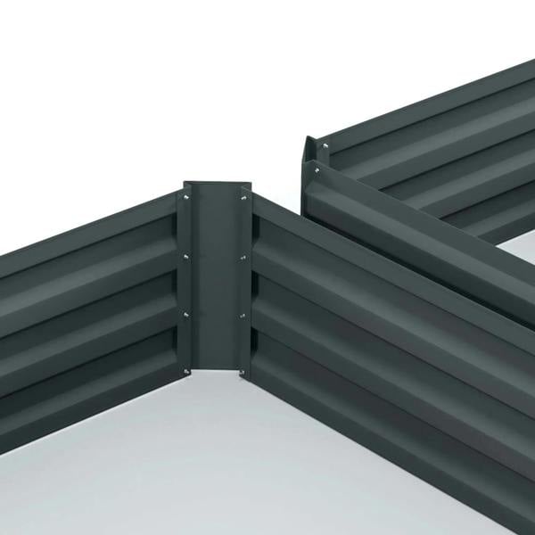 Dark grey raised garden bed corner with connected slatted side panels