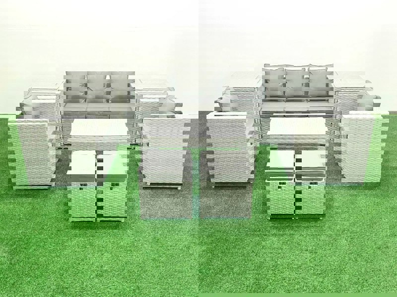 Fimous Rattan Garden Furniture Set 7 Seater Outdoor Garden Sofa Oblong Coffee Table Set with 2 Chairs 2 Stools 2 Side Tables Light Grey Mixed