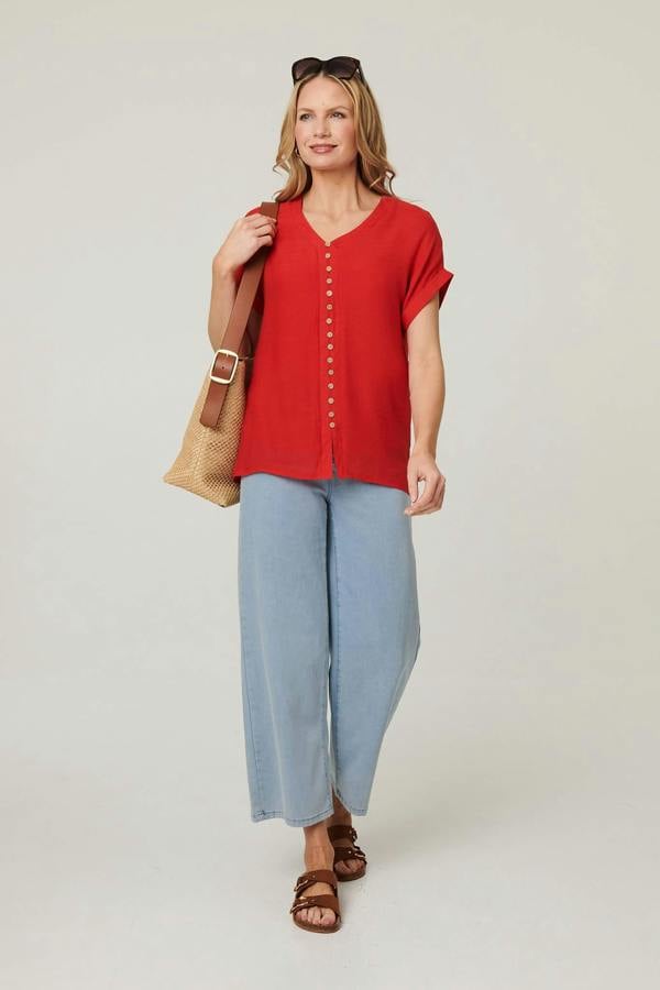 Red | Relaxed Layered Short Sleeve Shirt : Model is 5'10"/178 cm and wears UK10/EU38/US6/AUS10