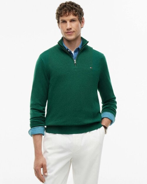 Tommy Hilfiger Organic Cotton Cashmere Mens Zip-Mock Sweater - Ornamental Green Heather