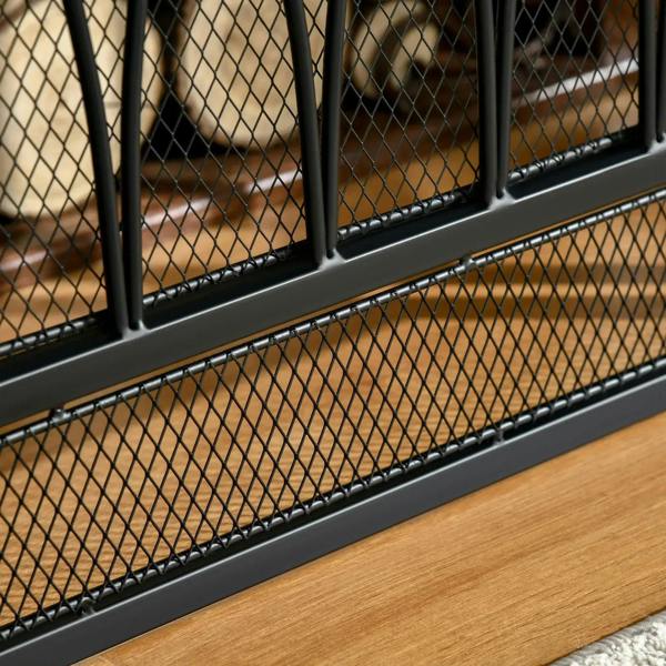 Black metal fireplace screen base rail with mesh barrier and protective edging