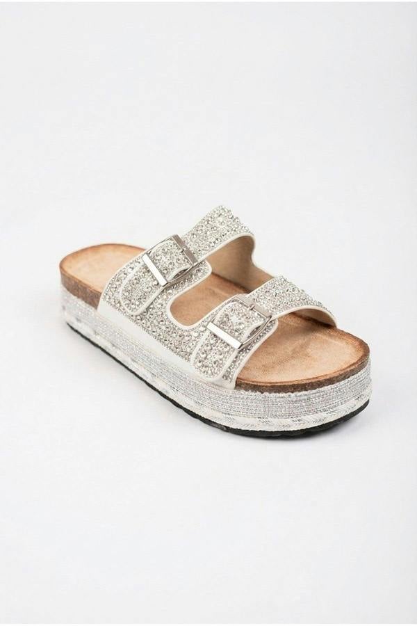 Aria Womens Rhinestone Buckle Platform Sandals - WHITE