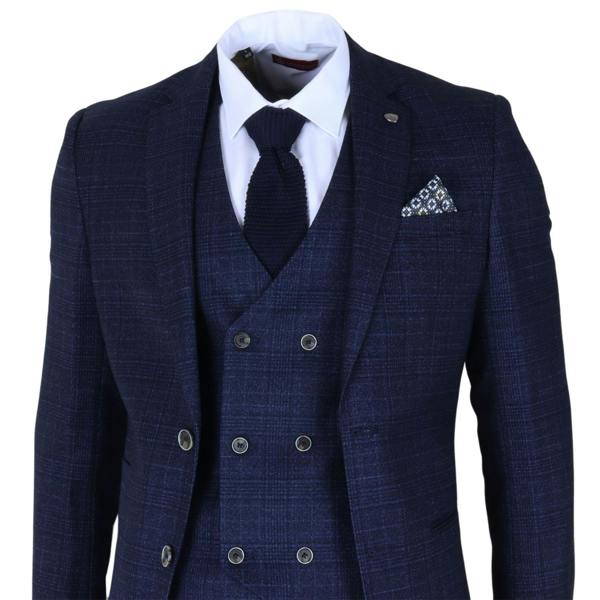 Infinity Leather Men's Blue Plaid Check 3 Piece Slim Fit Formal Wedding Suit