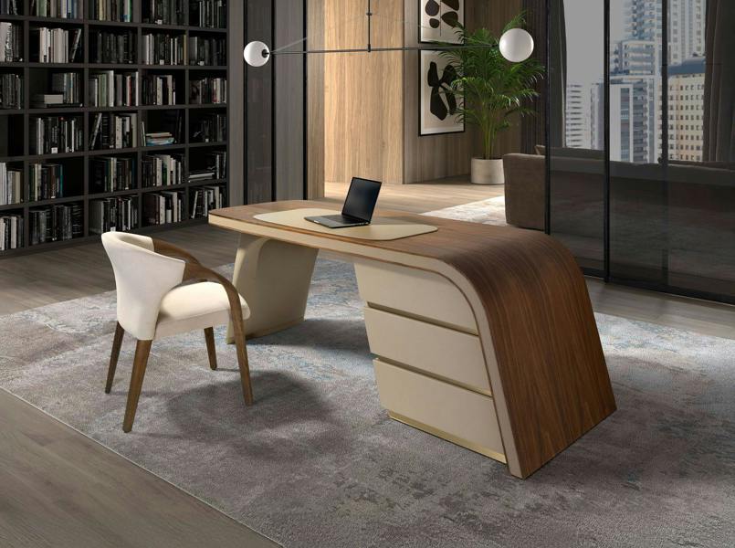 Angel Cerdá Writing Desk in Walnut and Wood Upholstered in Cream Leatherette 3268