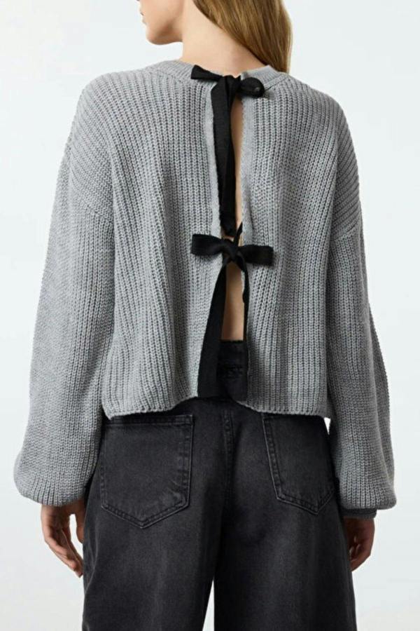WOVCOR Reversible Cropped Knit Sweater with Ribbon/Bow Tie Detail