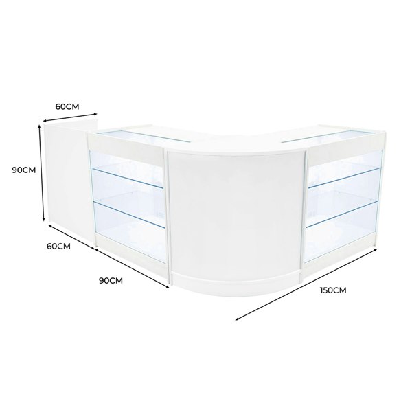 Curved white LED shop counter set with glass shelves, measuring 150cm wide, 90cm high, and 60cm deep, ideal for retail displays