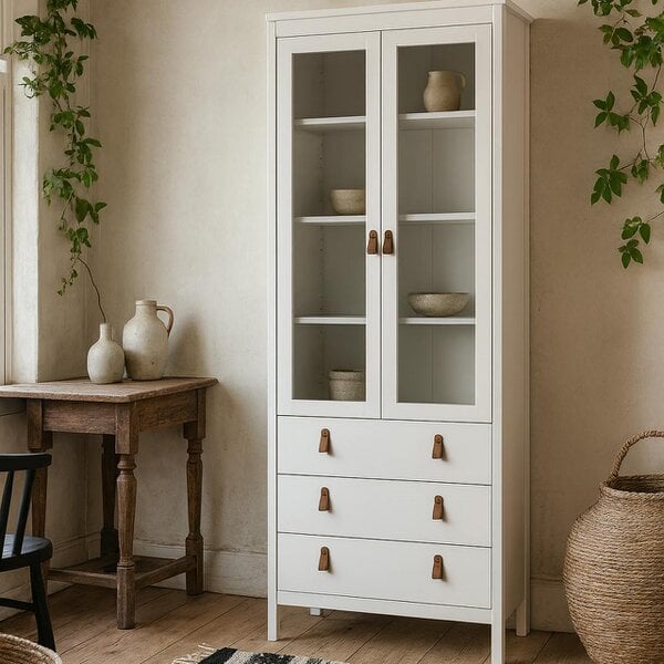 Wyld Haus Wildberry Matt White Wooden China Cabinet 2 Glass Doors 3 Drawers Leather Handles
