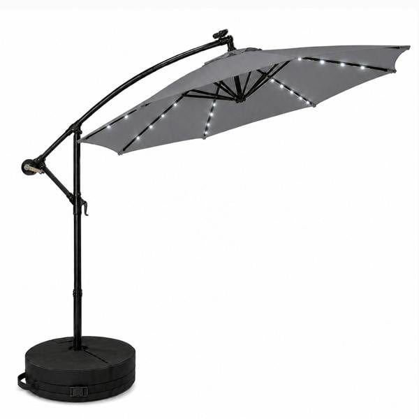 Samuel Alexander 3m Solar Powered Cantilever Lit Banana Garden Parasol with Crank Handle & White LED Lights in Grey with Base Bag Included