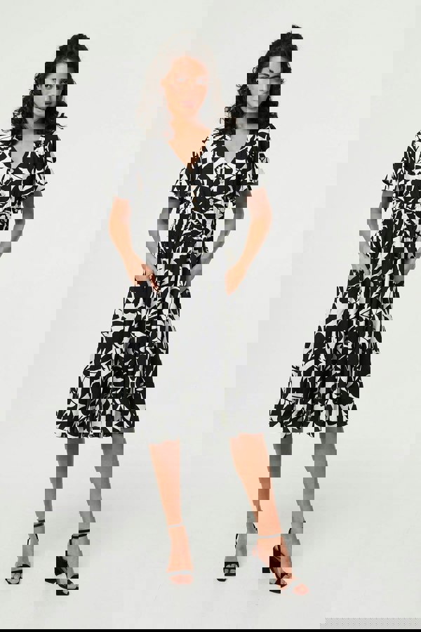 Black | Leaf Print Tie Waist Knee Length Dress
