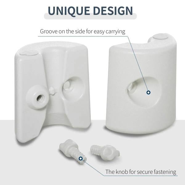 White gazebo tent leg weight with securement knob and included mounting clip parts