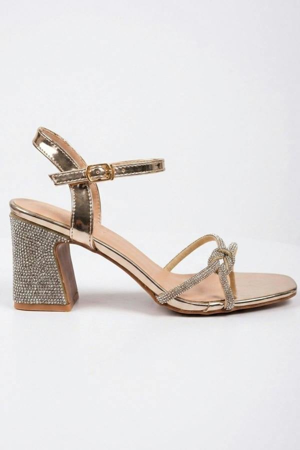 Edie Rhinestone Block Heel Knotted Sandals - Gold