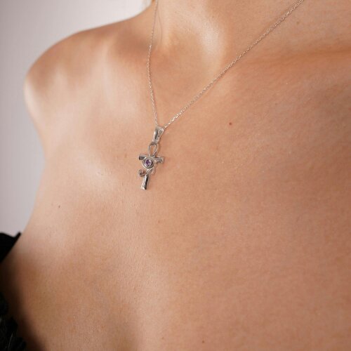 Spero London Sterling Silver Egyptian Ankh and Purple Eye Necklace
