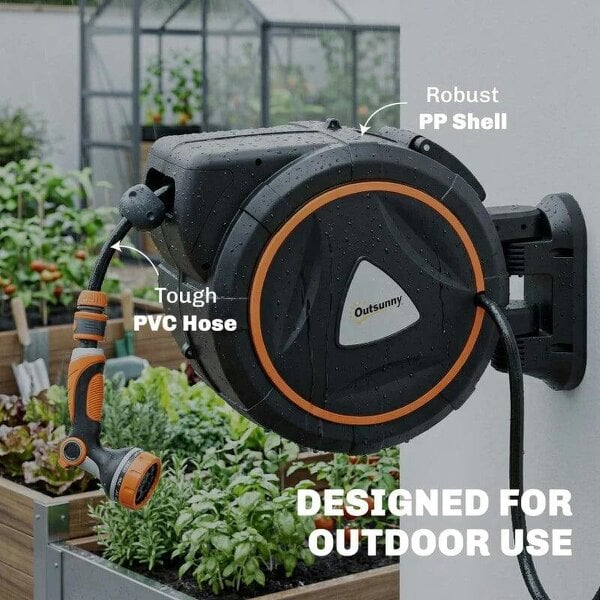 Bobobiy 25m Retractable Hose Reel Wall Mounted with Auto Retraction, Self-Locking, Slow Return System, 12-Pattern Nozzles