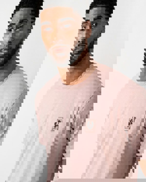 Close up shot of a Model wearing a Belstaff Short Sleeved Mens Logo Patch T-Shirt  in Dusk Pink