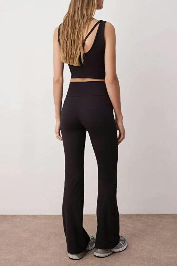 WOVCOR Wrap Waist and Flared Yoga Knit Sports Leggings with Pocket Detail