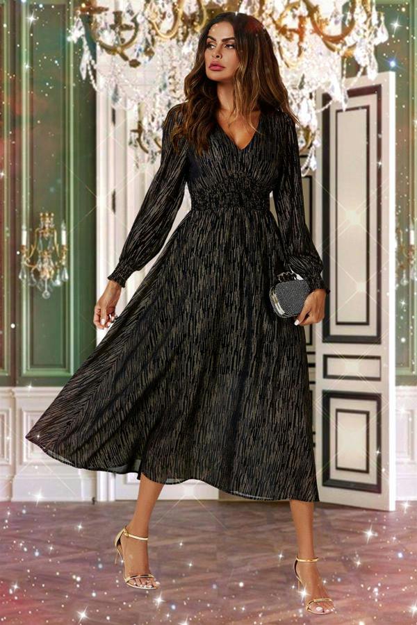 FS Collection Gold Stripe Foil Long Sleeve Maxi Dress In Black
