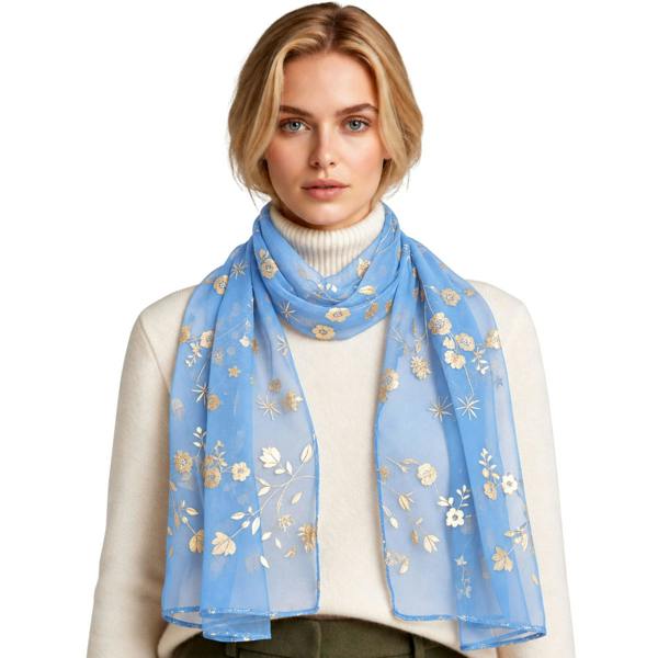 Love EMVY Ladies Sheer Floral Scarf with Gold Effect Print 180 x 70cm - Baby Blue