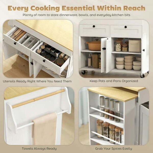 Rolling Kitchen with Expandable Top, Kitchen Island on Wheels with USB Ports & Power Outlets, Storage, White
