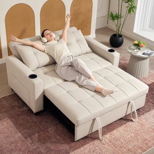Wyld Haus Kari Fabric Beige 2 Seater Pull Out Sofa Bed