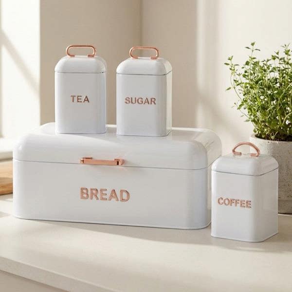 Maison des Cadeaux White 4 Piece Bread Bin & Canister Storage Set