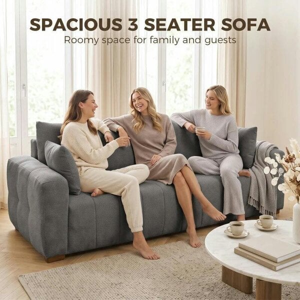 3 Seater Sofa, Upholstered Velvet Couch for Bedroom with Pillows, Padded Cushion and Wood Legs, Grey