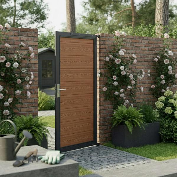 Brown composite panel gate with a wood-like texture, framed in black, set against a brick wall adorned with climbing roses