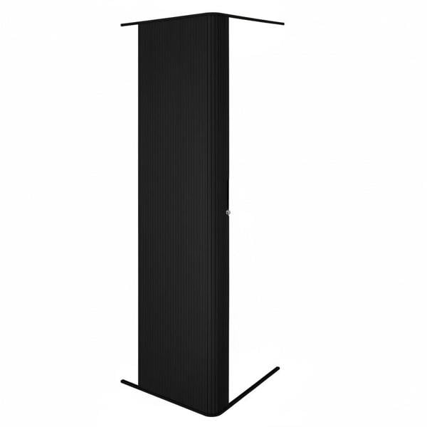 Sleek black Tambour shower door featuring a textured vertical slat design, perfect for modern bathrooms and space-saving solutions