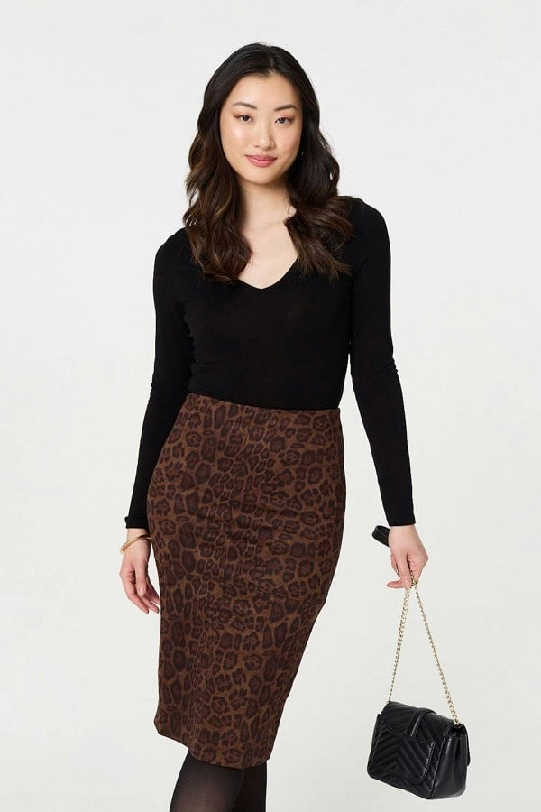 Brown | Animal Print Knee Length Pencil Skirt
