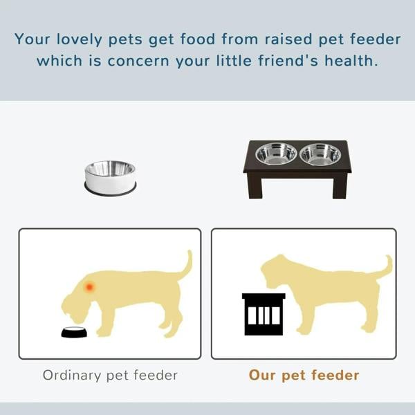 Brown raised pet feeding stand with two stainless steel bowls, compared to ordinary feeder