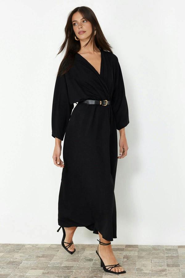 Belted A-Line Wrap Collar Batwing Sleeve Midi Dress