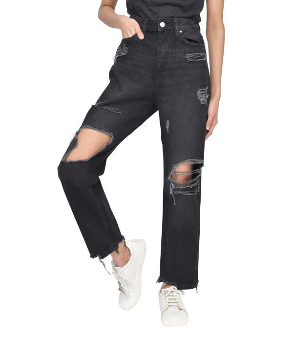 Smart Living Women's Casual Style High-Waist Torn Hem Rip Mom Jeans - Black