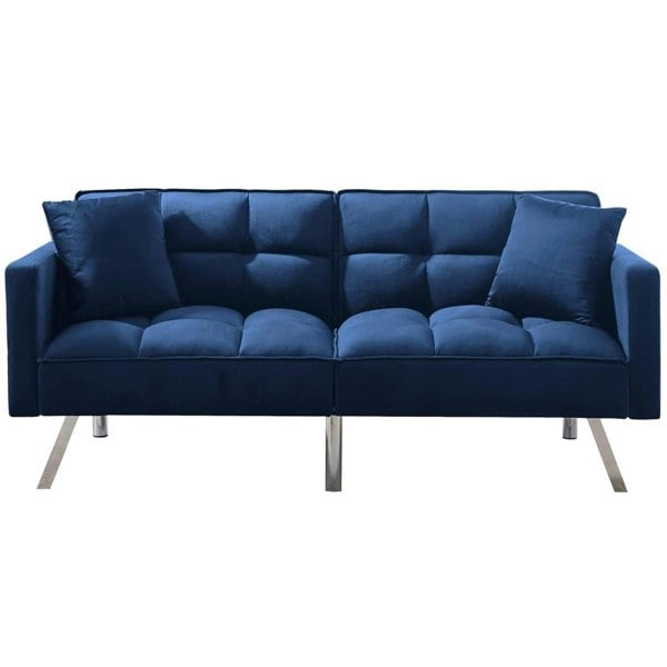 Kosy Koala Sofa Bed 2 Seater Blue Velvet Click Clack Sofa Settee Recliner Couch with Metal Legs 2 Pillows