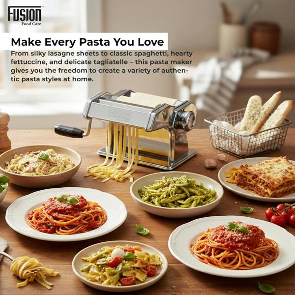 Fusion Food Care Pasta Maker Machine 3-in-1 430 Stainless Steel - for Spaghetti, Tagliatelle, Fettuccine, Lasagne Sheets Adjustable Spaghetti Maker