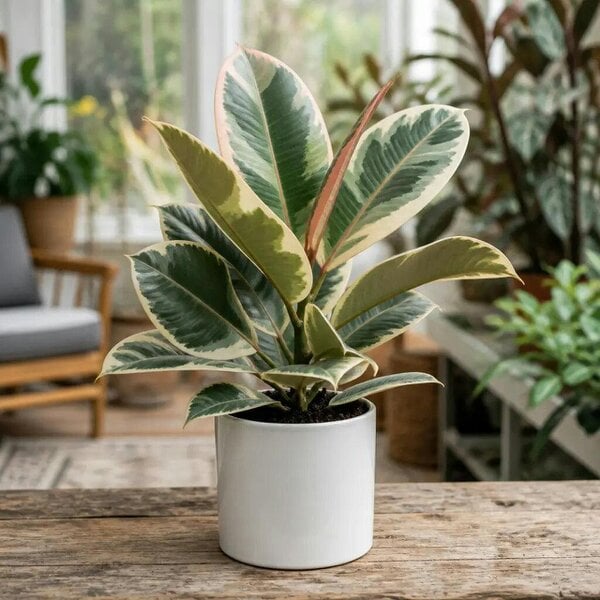 Ficus Tineke Rubber Plant – Elegant Variegated Green and Cream Indoor Houseplant - Sofia Glossy White Ceramic