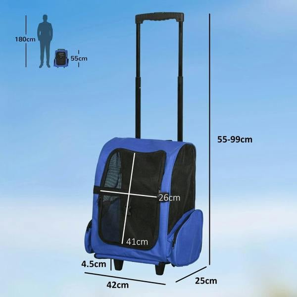 Blue pet carrier backpack with telescopic handle and four wheels, size indicated