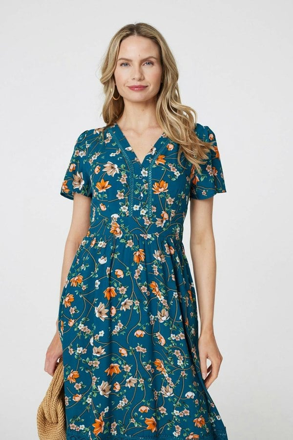 Teal | Floral Lace Trim Short Sleeve Midi Dress