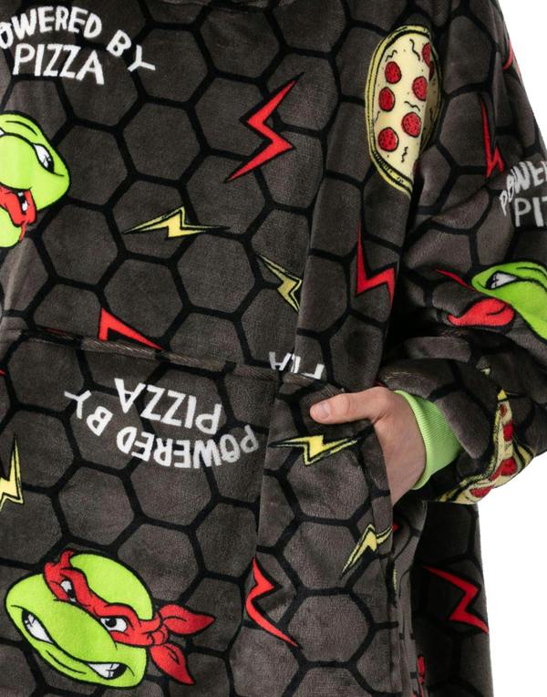 Teenage Mutant Ninja Turtles Mens Grey POWERED BY PIZZA Blanket Hoodie (One Size)