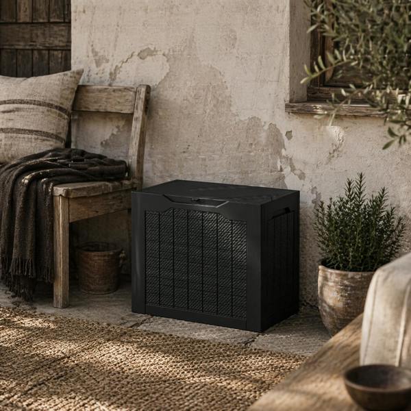 Wyld Haus Vevino Nela Plastic Black Outdoor Garden Storage Box With Handles 93 Litre Capacity