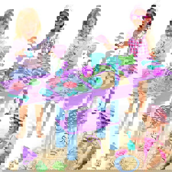 deAO Toys deAO Purple Outdoor Sand and Water Play Table for Kids – Fun Beach and Pool Activities with Fishing Game, Waterwheel, and Creative Molds