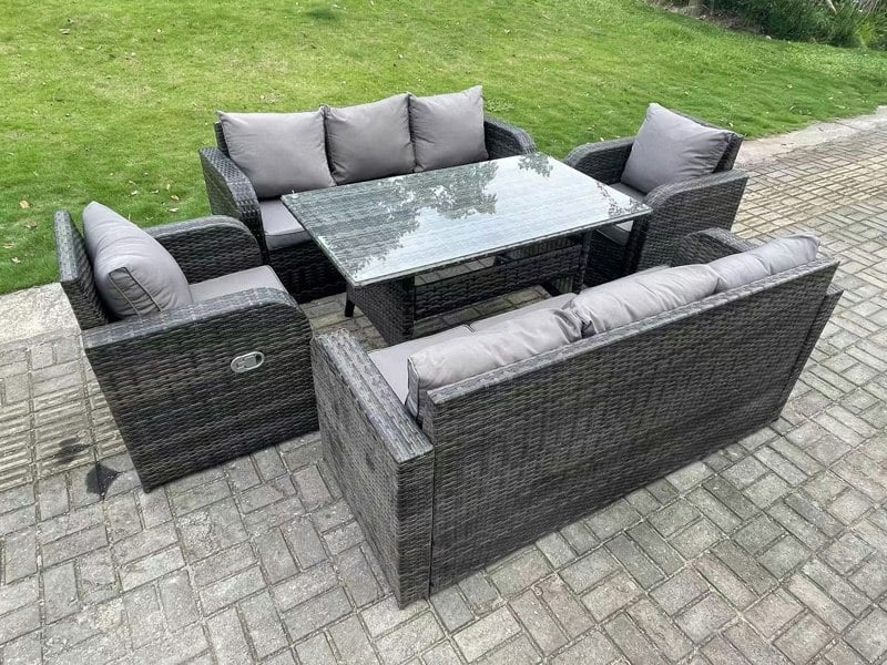 Fimous 8 Seater Dark Grey PE Wicker Rattan Garden Furniture Set Reclining Chair Lounge 3 Seater Sofa Set Outdoor Rectangular Dining Table