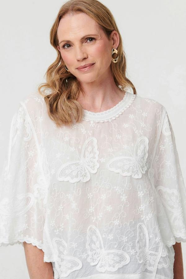White | Butterfly Textured Lace Trim Blouse
