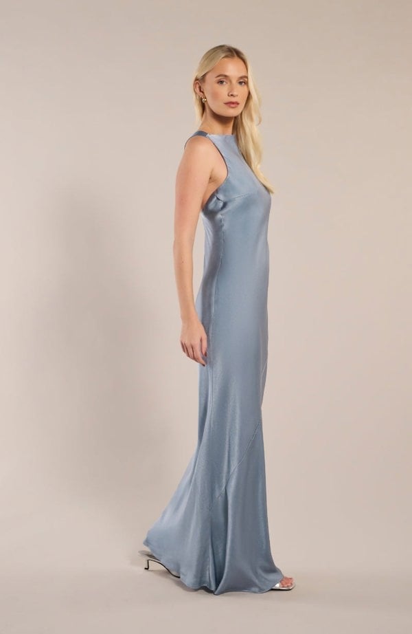 Rewritten London Paris Dress in Pale Blue Satin