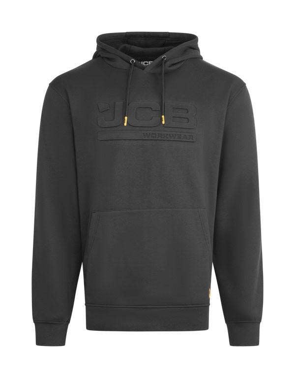 JCB Embossed Men's Trade Work Pull Over Sweat Shirt Hoodie, black hoodie with embossed JCB logo and kangaroo pocket.