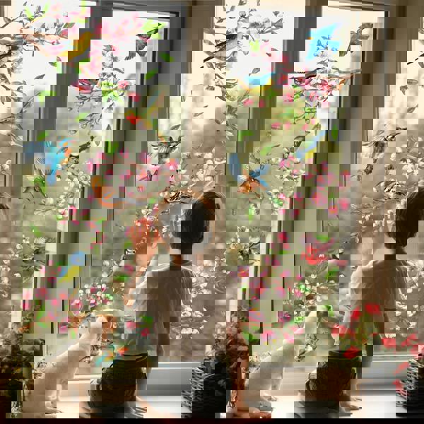 WALPLUS WSW6022 - Cherry Blossom Flowers Watercolour with Birds On The Branch Window Clings