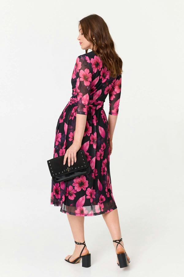 Black | Floral Pleated V-Neck Wrap Midi Dress