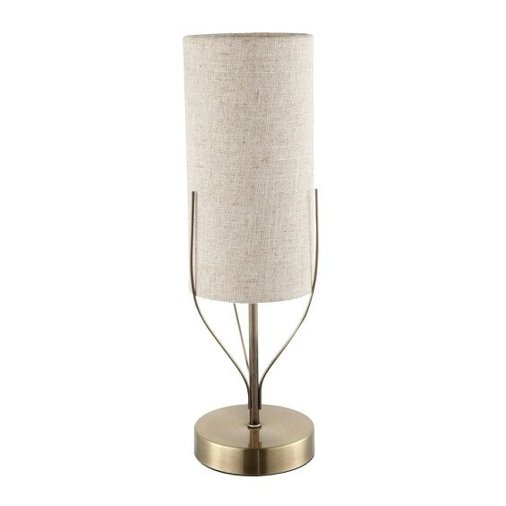 Happy Homewares Sleek Antique Brass Metal Table Lamp with Cylindrical Linen Shade