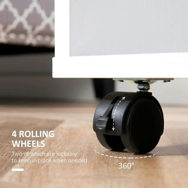 Black caster wheels under white wardrobe frame, one lockable wheel visible