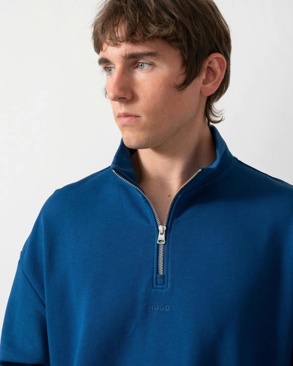 close up of a HUGO Durty244 Mens 1/4 Zip Sweatshirt in Open Blue 498