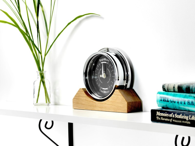 Handmade Prestige Tide Clock in Chrome on an English Light Oak Mantel/Display Mount - TABIC CLOCKS