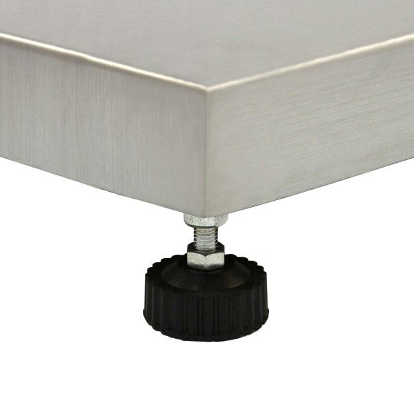 Close-up of T-Mech platform scales showing a sturdy stainless steel surface and adjustable rubber foot for stability